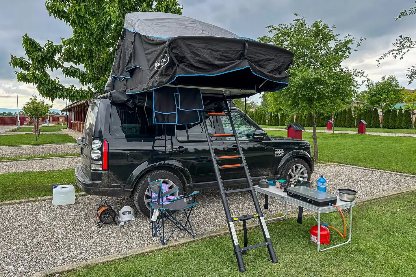 Rooftop tent camping setup